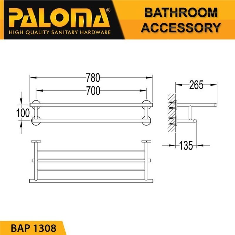 MIRANTE BRASS TOWEL SHELF 1308 - 700 MM CHROME 2