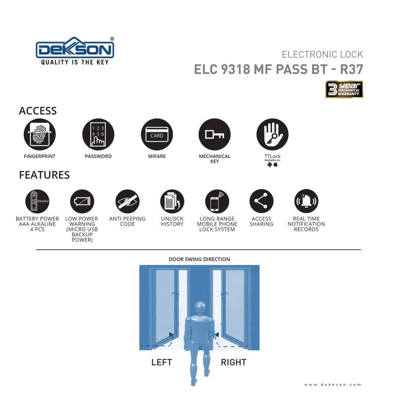 ELECTRONIC LOCK DEKKSON ELC 9318 MF PASS BT R37 BLACK 3