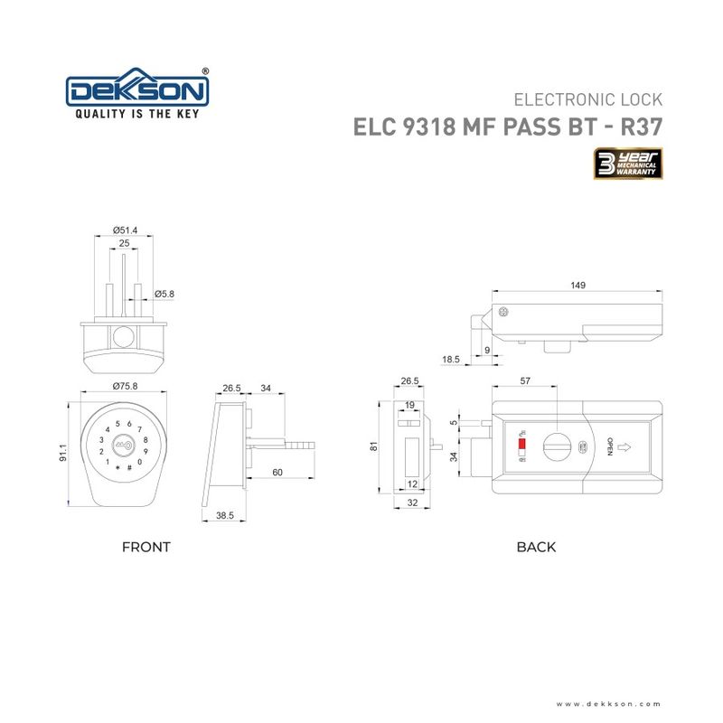 ELECTRONIC LOCK DEKKSON ELC 9318 MF PASS BT R37 BLACK 4