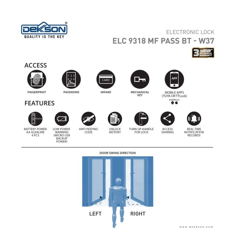 ELECTRONIC LOCK DEKKSON ELC 9318 MF PASS BT (R) W37 TTLOCK BLACK 3