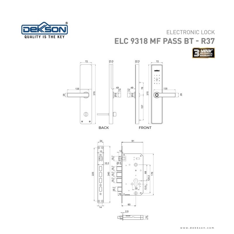 ELECTRONIC LOCK DEKKSON ELC 9318 MF PASS BT (R) W37 TTLOCK BLACK 4