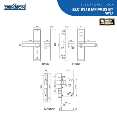 ELECTRONIC LOCK DEKKSON ELC 9318 MF PASS BT (L) W17 TUYA BLACK 3